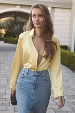 Dynamite Piper Long Sleeve Satin Shirt In Candied Citrus Yellow