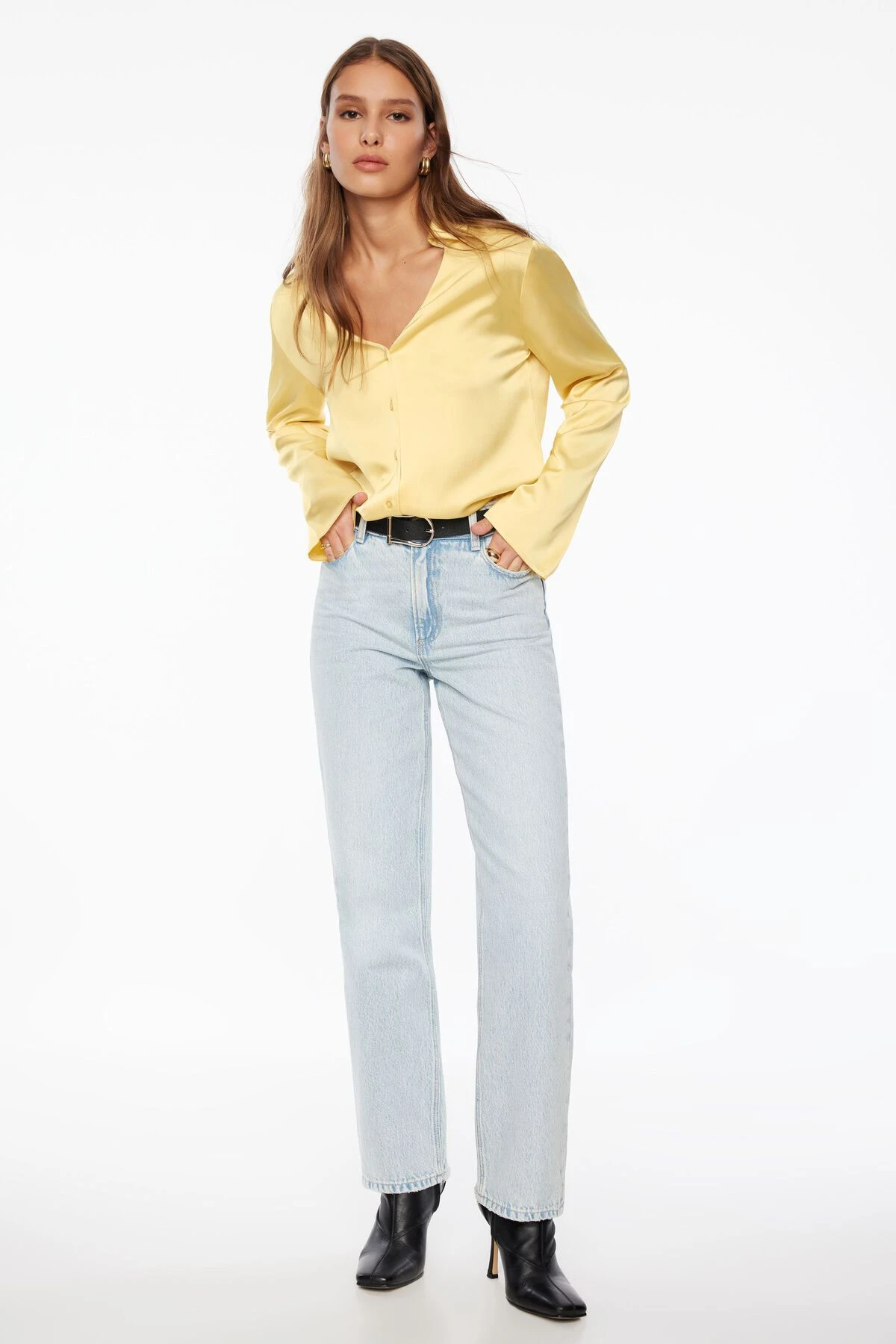 Dynamite Piper Long Sleeve Satin Shirt In Candied Citrus Yellow - Image 3