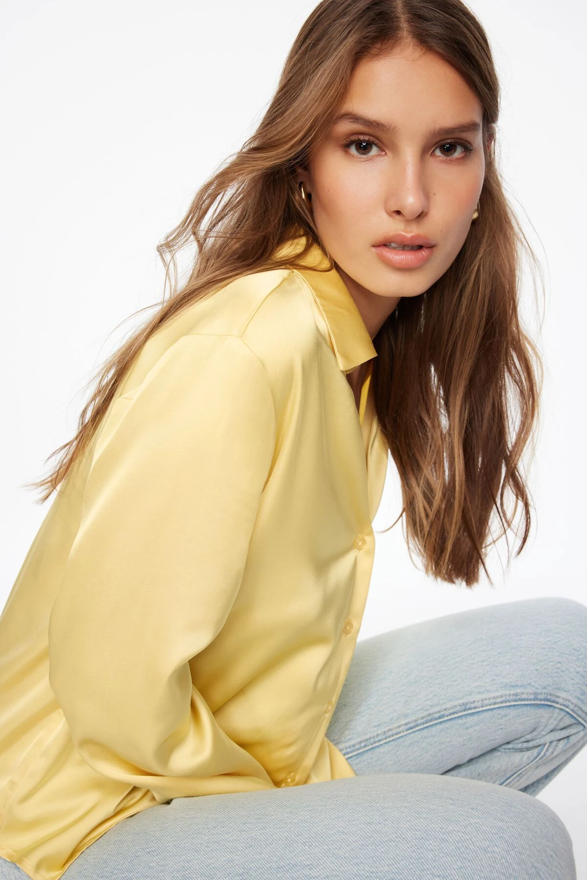 Dynamite Piper Long Sleeve Satin Shirt In Candied Citrus Yellow - Image 4
