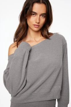 Dynamite Brushed Off Shoulder Long Sleeve Top In Stone Gray