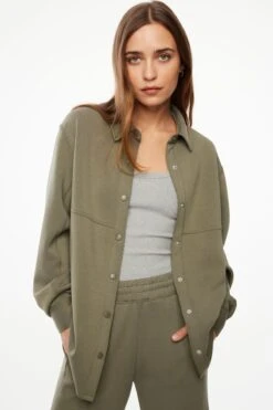 Dynamite Scuba Button Up Shacket In Bungee Cord Green