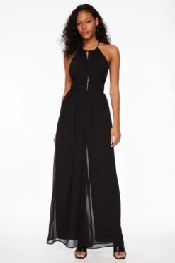 Dynamite Halter Pleated Jumpsuit In Jet Black