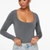 Dynamite Maren Sculpt Square Neck Bodysuit In Turbulence Grey