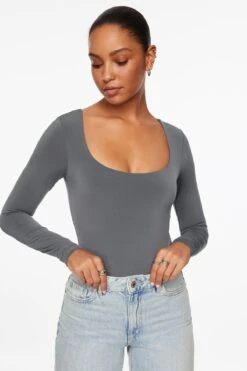 Dynamite Maren Sculpt Square Neck Bodysuit In Turbulence Grey