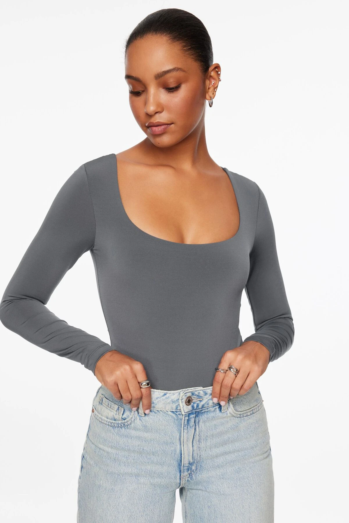Dynamite Maren Sculpt Square Neck Bodysuit In Turbulence Grey