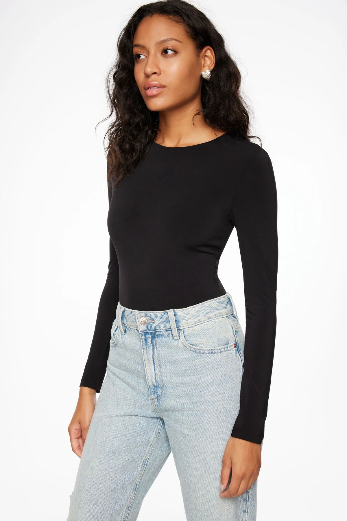 Dynamite Kyla Sculpt Long Sleeve Crew Neck Bodysuit In Jet Black