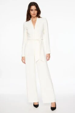 Dynamite Rania Belted Blazer Jumpsuit In Sea Salt Off White