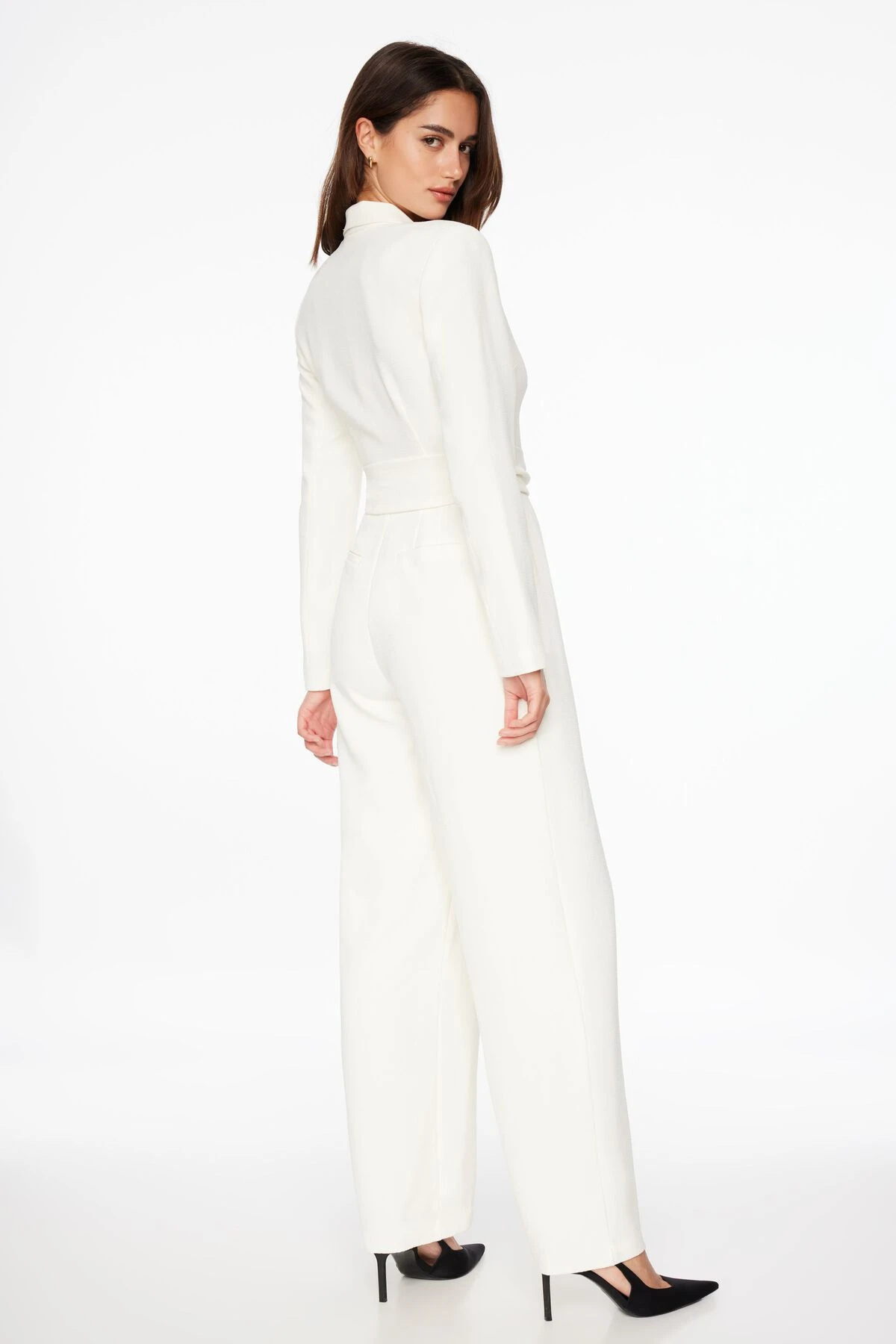 Dynamite Rania Belted Blazer Jumpsuit In Sea Salt Off White - Image 3