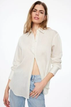 Dynamite Frida Stripe Shirt In Sage Stripe
