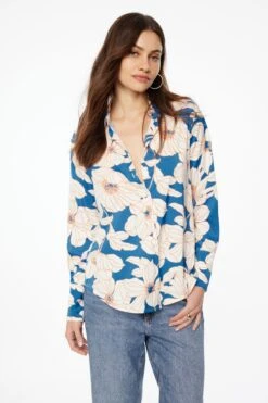 Dynamite Long Sleeve Shirt With Big Cuffs In Blue Floral