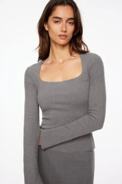Dynamite Brushed Square Neck Top In Stone Gray