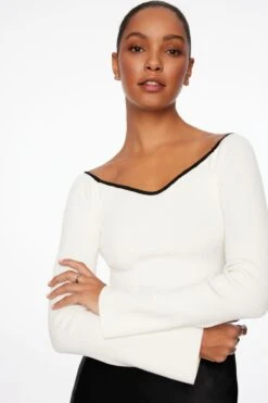 Dynamite Sweetheart Off Shoulder Sweater In Snow White W/ Black Tipping