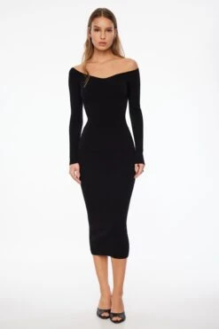 Dynamite Off Shoulder Bodycon Midi Dress In Jet Black