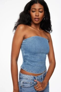 Dynamite Pleated Denim Bustier Top In Indigo Medium Light