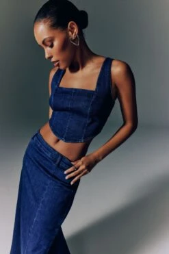 Dynamite Denim Corset Top In Indigo Dark