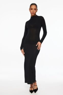 Dynamite Sheer Mock Neck Maxi Dress In Jet Black