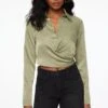 Dynamite Crinkle Wrap Shirt In Soft Moss Green