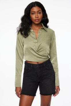 Dynamite Crinkle Wrap Shirt In Soft Moss Green