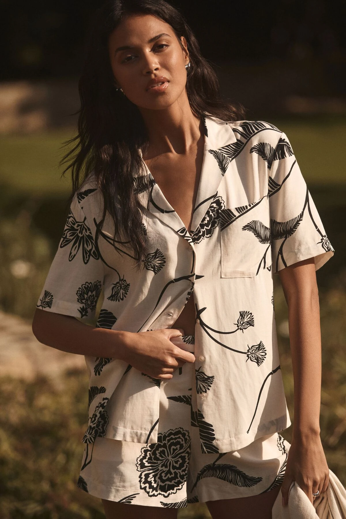 Dynamite Linen Shirt With Pocket In Cream & Black Floral