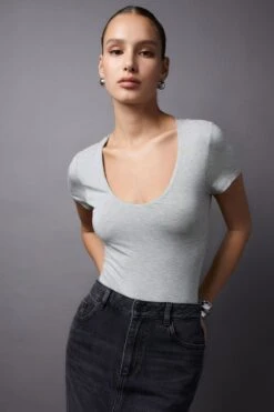 Dynamite Hayden Scoop Neck Bodysuit In Fall Grey Mix