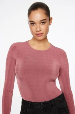 Dynamite Kyla Slinky Long Sleeve Crew Neck Bodysuit In Deco Rose Pink
