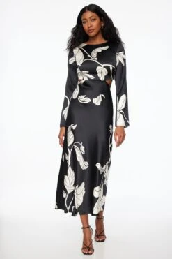Dynamite Cutout Slip Satin Maxi Dress In Black & White Floral