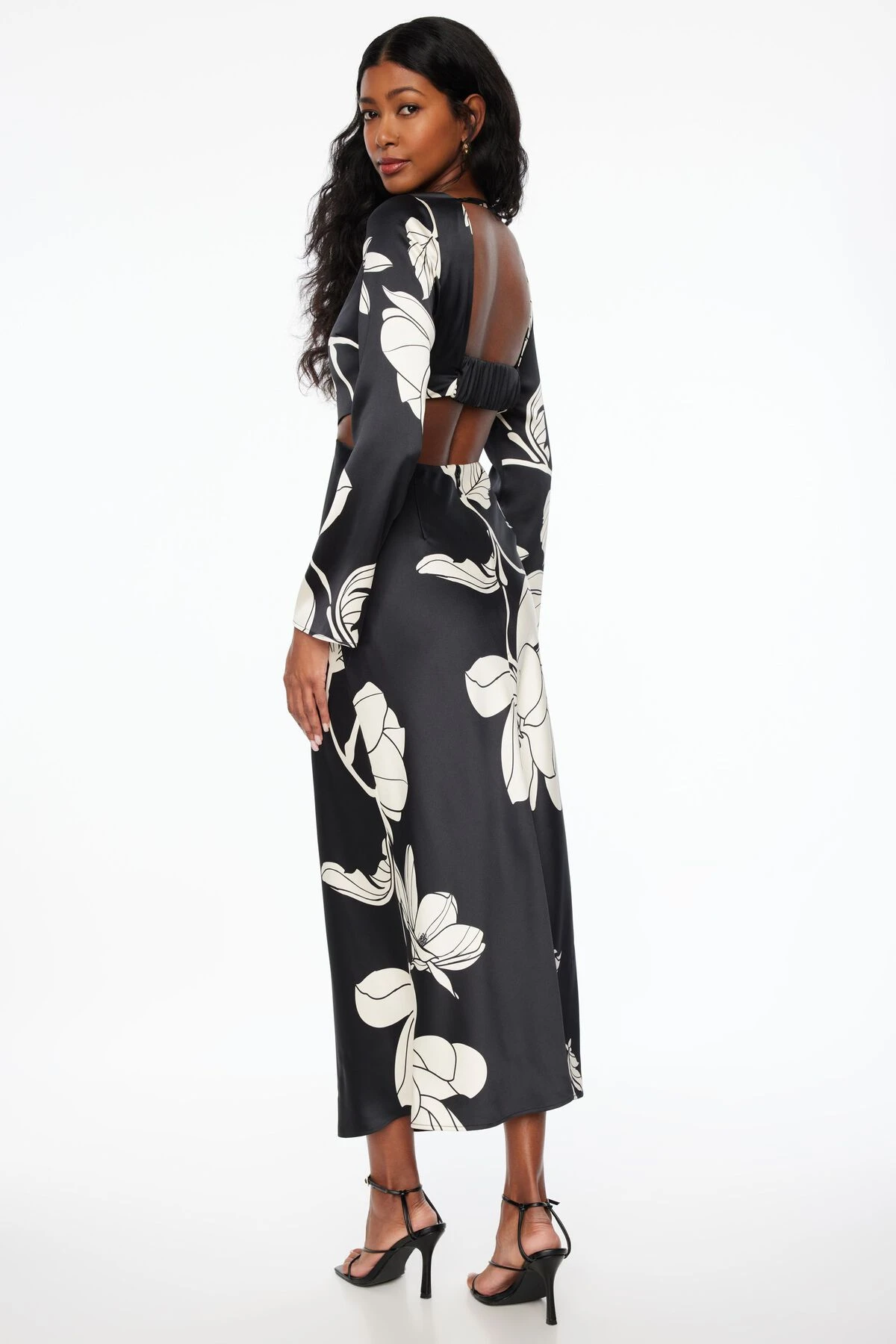 Dynamite Cutout Slip Satin Maxi Dress In Black & White Floral - Image 3