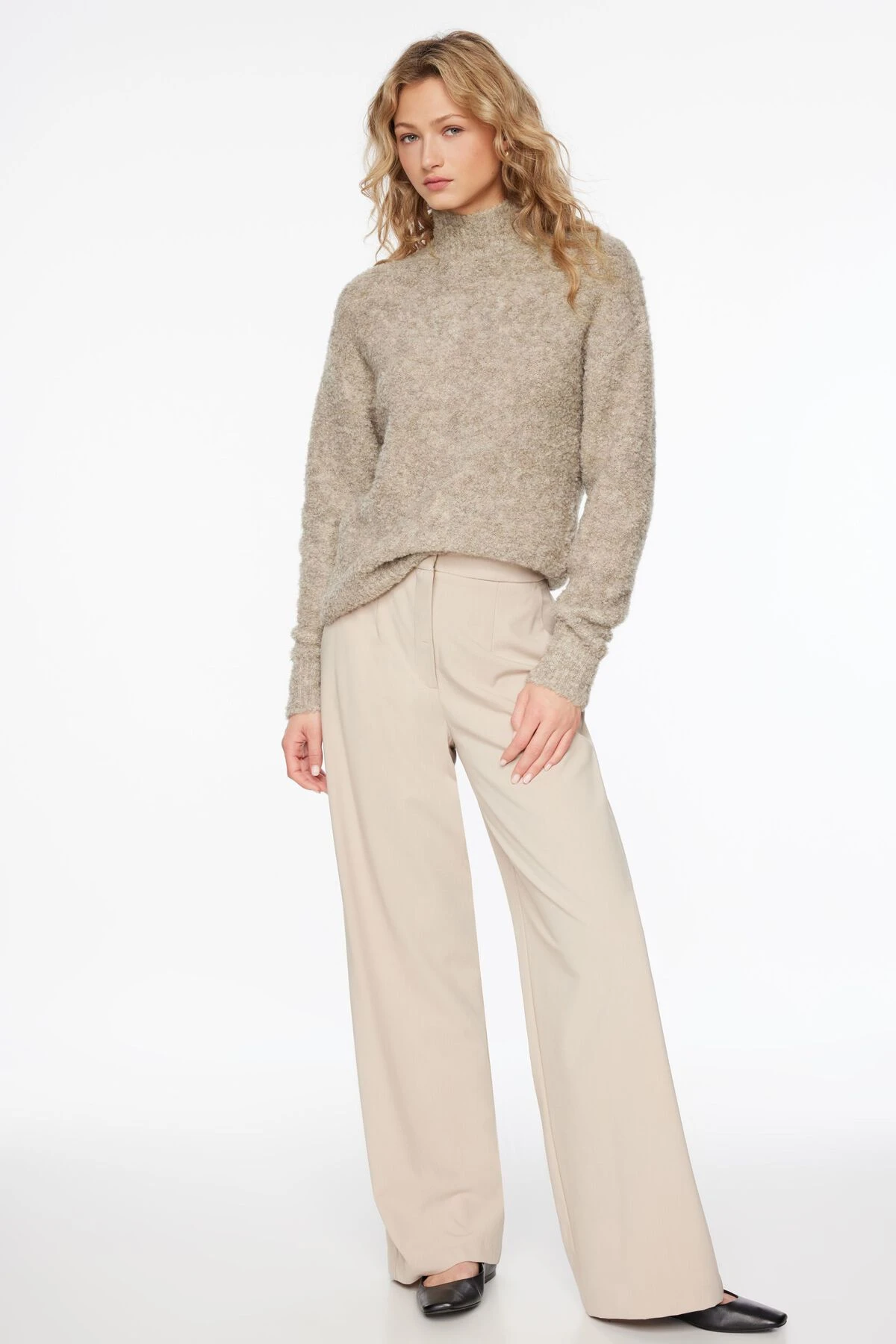 Dynamite Boucle Mock Neck Sweater In Mink Taupe - Image 2