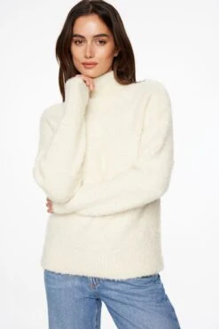 Dynamite Boucle Mock Neck Sweater In Polished Pearl Off White