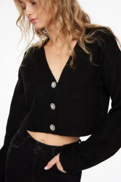 Dynamite Heavenlyarn™ Rhinestone Buttoned Cropped Cardigan In Jet Black