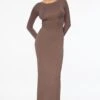 Dynamite Long Sleeve Scoop Back Maxi Dress In Peppercorn Taupe