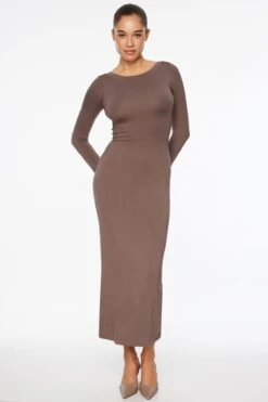 Dynamite Long Sleeve Scoop Back Maxi Dress In Peppercorn Taupe
