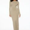 Dynamite Long Sleeve Scoop Back Maxi Dress In Vintage Khaki