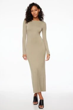 Dynamite Long Sleeve Scoop Back Maxi Dress In Vintage Khaki
