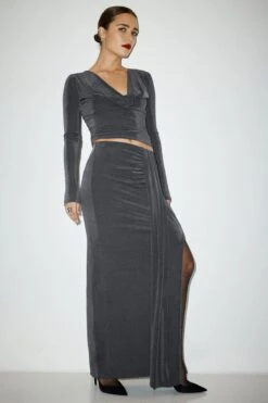 Dynamite Slinky Draped Maxi Skirt In Turbulence Grey