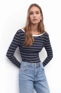 Dynamite Skye Long Sleeve Open Back Bodysuit In Navy & White Stripes
