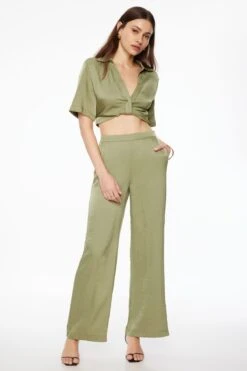 Dynamite Thin Waistband Wide Leg Pants In Soft Moss Green