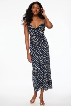 Dynamite Estera Cowl Neck Slip Maxi Dress In Navy & Cream Wavy