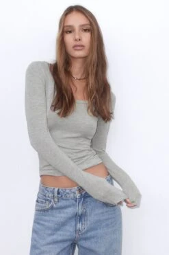 Dynamite Harlynn Long Sleeve Jersey Scoop Neck Top In Fall Grey Mix