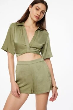 Dynamite Kayla Twisted V-Neck Blouse In Soft Moss Green