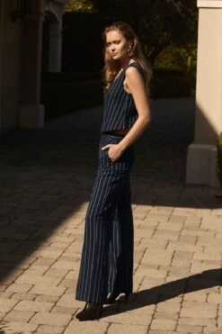 Dynamite Thin Waistband Wide Leg Pants In Navy & White Pinstripe