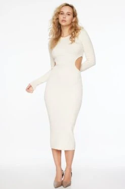 Dynamite Long Sleeve Side Cutout Maxi Dress In Seal Salt Off White