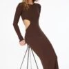 Dynamite Long Sleeve Side Cutout Maxi Dress In French Roast Brown