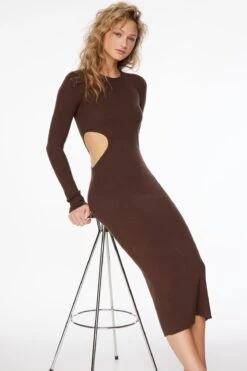 Dynamite Long Sleeve Side Cutout Maxi Dress In French Roast Brown