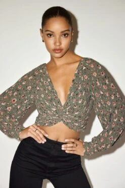 Dynamite Pleated Twisted Crop Blouse In Green & Blush Floral Pink