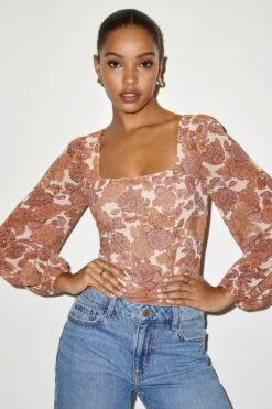 Dynamite Square Neck Mix Media Blouse In Rose Taupe Floral