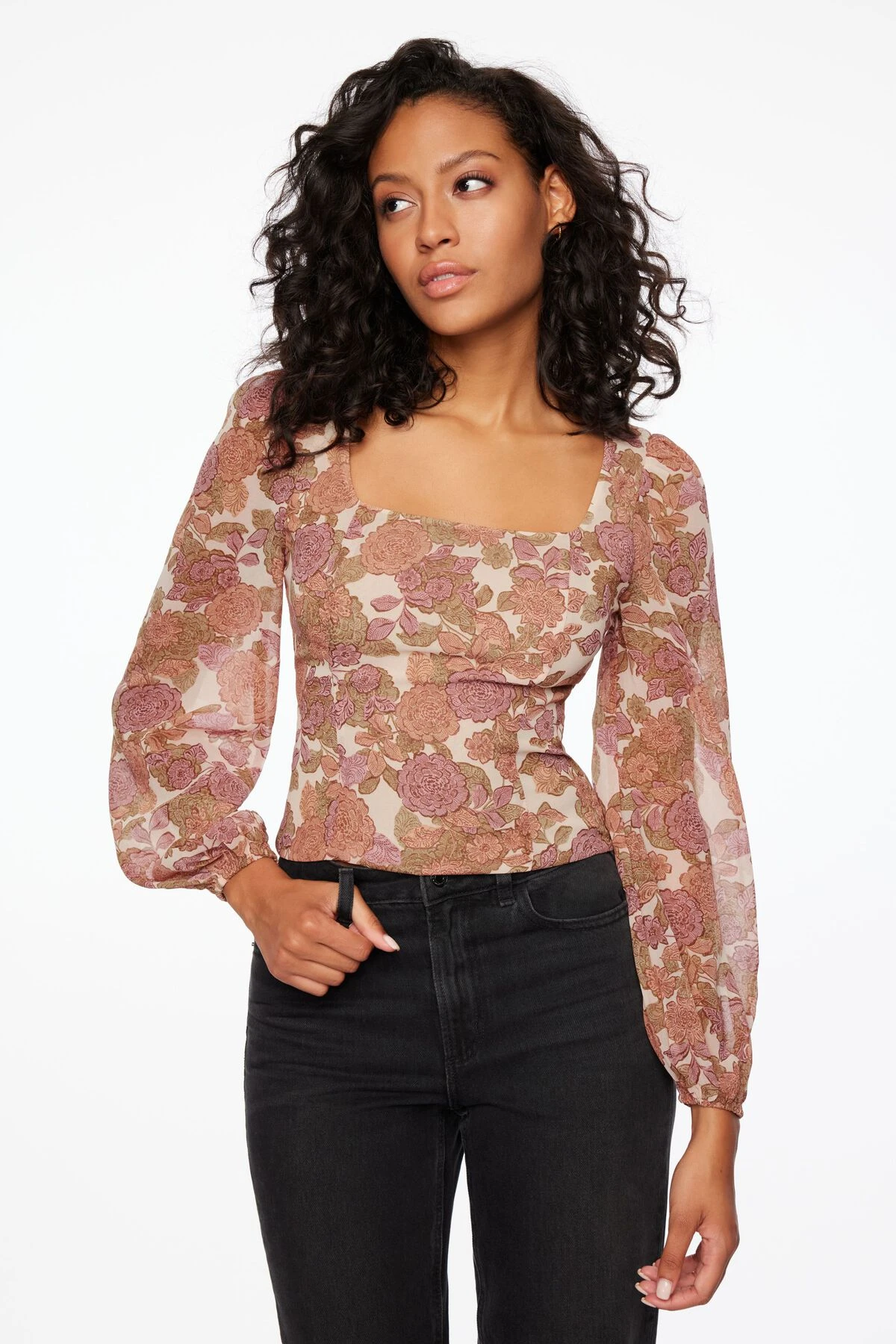 Dynamite Square Neck Mix Media Blouse In Rose Taupe Floral - Image 2