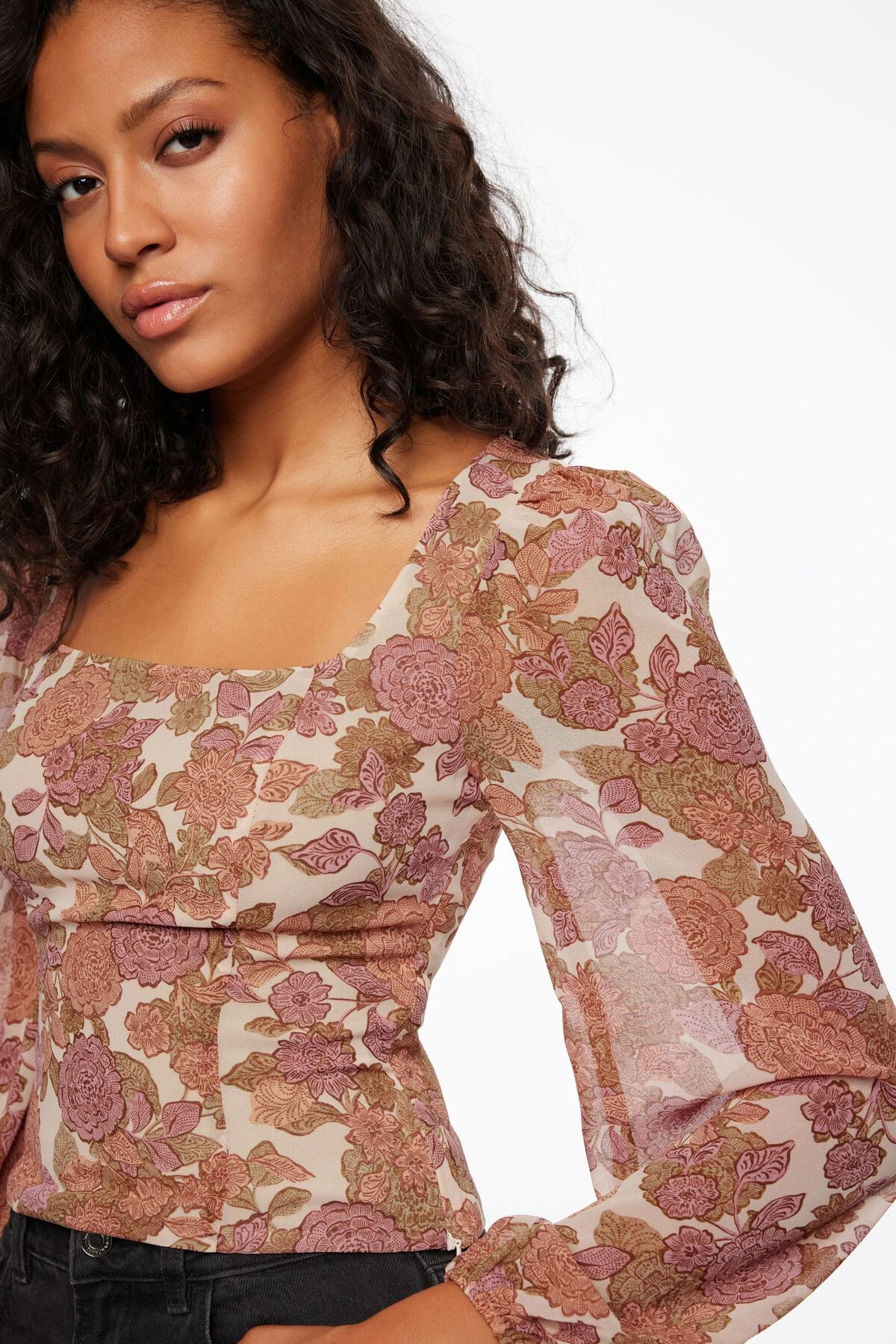 Dynamite Square Neck Mix Media Blouse In Rose Taupe Floral - Image 3