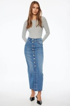 Dynamite Buttoned Denim Maxi Skirt In Indigo Medium Dark