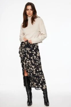 Dynamite Kamila Ankle Ruffled Skirt In Black & Beige Floral